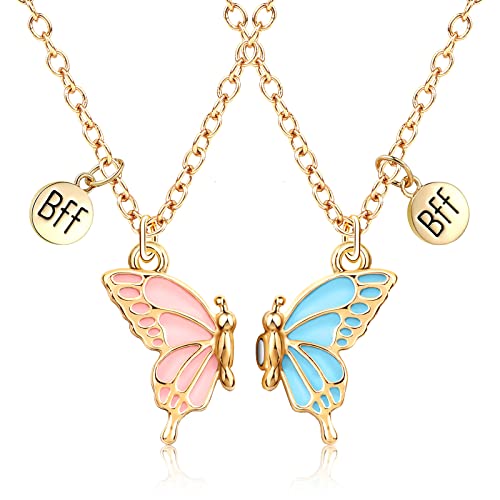 MJARTORIA Freundschaftsketten für 2 Damen Mädchen BFF Halskette Schmetterling Schmuck Anhänger Beste Freundin Kette Puzzle Best Friends Gravur Kinder (Rosa Blau)