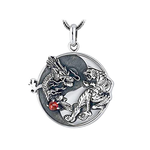 Jade Angel Drachen Halskette, 925 Sterling Silber Yin Yang Halskette Drachen und Tiger Münze Anhänger Vintage Thai Silber Chinesische Drache Halskette für Männer, Sterling-Silber
