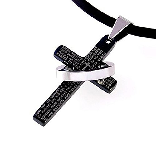 DonDon Leder Halskette mit schwarzem Kreuz und Edelstahlring Anhänger in Samtbeutel