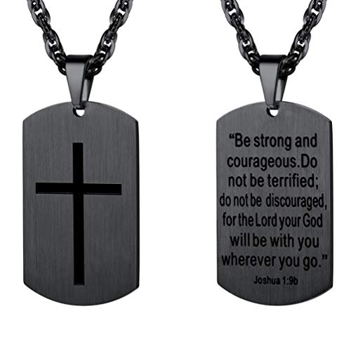 PROSTEEL Halskette schwarz Metall Dog Tag Erkennungsmarke für Männer Gravur Kreuz und Vers von Josua 1:9b Modeschmuck Geschenk für Jungen Herren