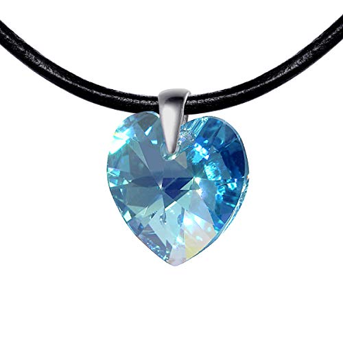 Damen Lederkette Swarovski Elements Herz hell-blau längen-verstellbar Schmuck-Beutel Geschenke für Mama