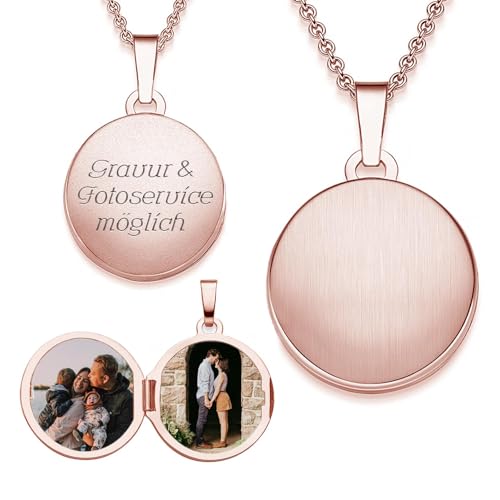 Medaillon rund zum Öffnen für Bilder Rosegold vergoldet | Kette Damen Medallion mit Bild | Amulett Anhänger mit Foto personalisiert | Halskette mit Gravur | Schmuck Geschenk zur Erinnerung