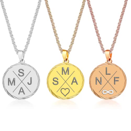 Rundkette mit Wunschgravur mit Buchstabe Damen-Kette Buchstaben Halskette Amulett in Rundform Plättchen - Personalisierte Edelstahl Gravur Kette Runder Anhänger Geschenk für Freundin BFF Silber