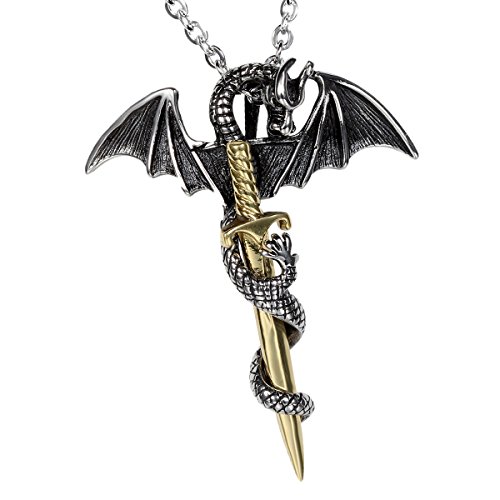 Cupimatch Herren Edelstahl Halskette, Gotik Drachen Schläger mit Schwert Kreuz Anhänger mit 55cm Kette Halsband, silber gold