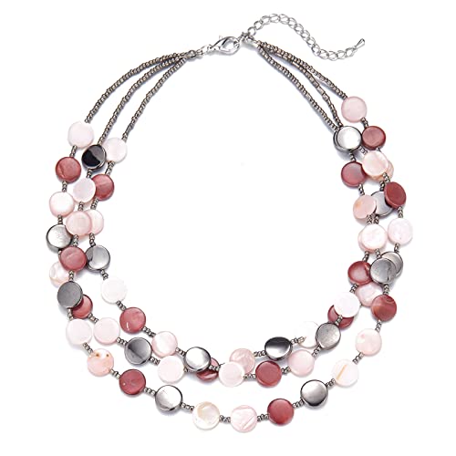 FULU AUTUMN Damen Statement Kette mit Steine Perlen Boho Silber Mehrreihige Kette Modeschmuck Die Besten Geschenke für Mütter(30-Pink)