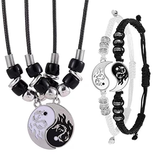 Guoguonb 2PCS Yin Yang Halskette und 2PCS Armbänder Taichi BFF Kette Freundschaftsketten Ying Yang Anhänger Kette Drachen Schnitzen Schmuck Ketten für Beste Freunde Couple und Liebhaber Geschenke