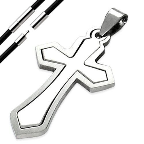 BlackAmazement Anhänger Edelstahl Kreuz Cross Cut Out Leder Kette Band Halskette Damen Herren (Anhänger mit Kette)