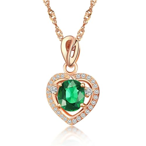 Bishilin Kette Rotgold Damen 750 Echtgold mit Anhänger, Halskette Herz mit Grün Turmalin 0.7ct und Diamant 0.1ct Kette 45CM Rosegold für Frauen