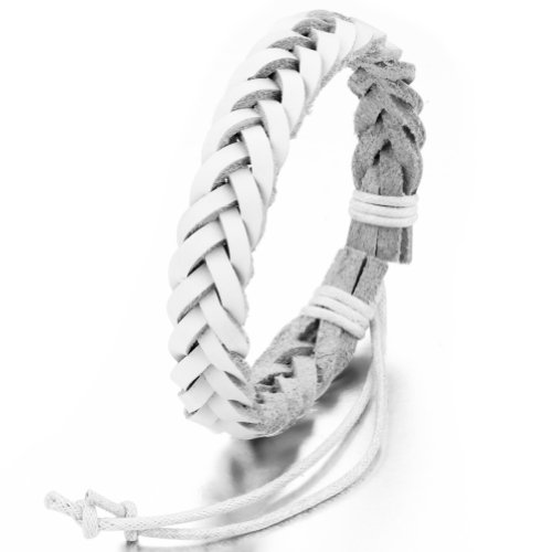JewelryWe Schmuck geflochten Leder Armband Lederarmband Lederkette Armreif Weiss Breite 11mm 17-25cm Verstellbar