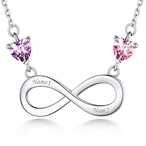 Custom4U Personalisierte Infinity Herz Kette mit Name/Text Gravur 925 Silber Geburtsstein Unendlich Halskette mit Unendlichkeitszeichen Anhänger für Damen Frauen