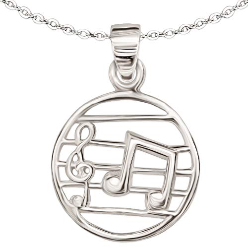 CLEVER SCHMUCK Set Mädchen Halskette Musik Anhänger rund Ø 15 mm mit Notenschlüssel, Musiknote auf Notenblatt glänzend & Kette Anker 40 cm Sterling Silber 925 in Schmuckverpackung