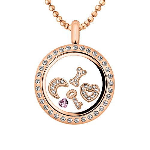 Quiges Rosegold Edelstahl Living Memory Zirkonia Anhänger 25mm mit Kette und 5 Floating Charms