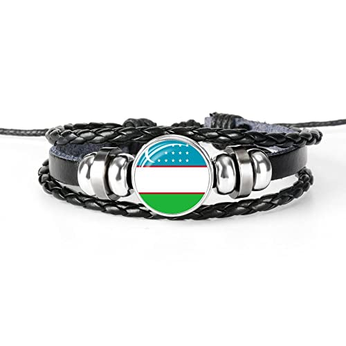 Strickseil-Armband – Usbekistan-Flagge,Geflochtenes Armband,Lederkette,Kristall-Armband,Souvenir,Verstellbares Unisex-Armband,Modisches,Handgefertigtes Fan-Armband Für Besonderes Tagesgeschenk,