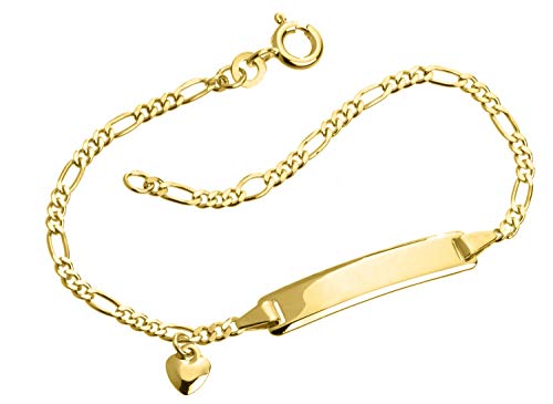 Silberketten-Store Baby- / Kinder-Gravurarmband Figaro 2mm mit Herzanhänger, 333 Gold, inkl. Gravur, Länge 16cm