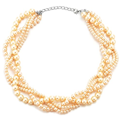 COOLSTEELANDBEYOND Multi-Schichten Geflochtene Champagner Gold Perle Statement Halsketten Kette Halsband Choker