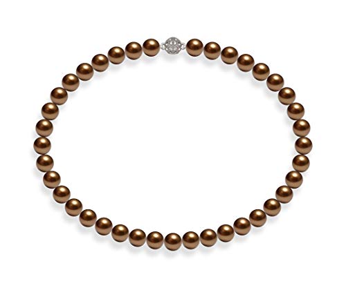 Schmuckwilli Perlenkette für Damen - 45cm Länge mit 10mm großen braunen runden Mallorca Perlen - Elegante Muschelkernperlen Kette für jeden Anlass