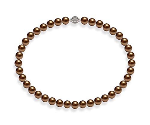Schmuckwilli Perlenkette für Damen Magnetverschluß - 45cm Länge mit 10mm großen braunen runden Mallorca Perlen - Muschelkernperlen Kette für jeden Anlass - die Halskette Pearl Necklace für Frauen