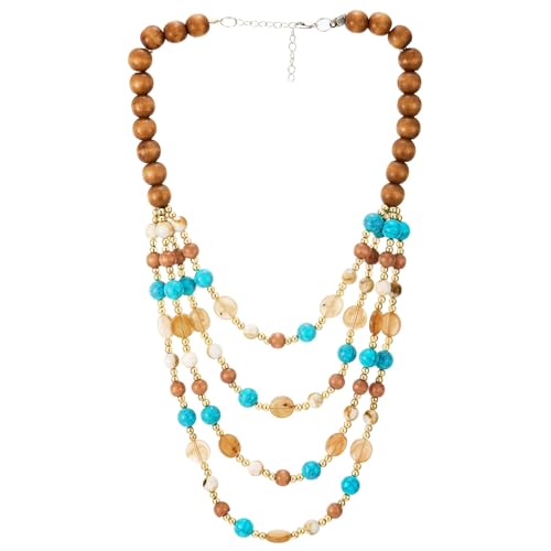 COOLSTEELANDBEYOND Boho Mehrschichtig Perlen Halskette, Bunter Holz und Edelstein Perlen, Statement Halskette, Wasserfall