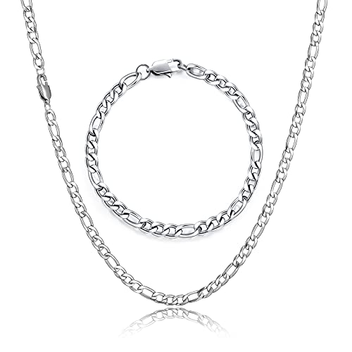 HSWYFCJY Figaro Kette Halskette Armband für Damen Herren Silber Edelstahl Kette 18/20/22/24 Zoll Kette Halskette Armband Set für Männer (20 Zoll+Armband)…