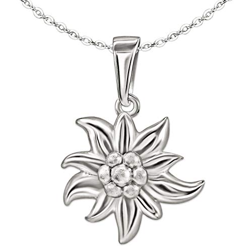 Clever Schmuck Set Silberner Damen Anhänger Edelweiß Blume 14 mm, schöne plastische Form, Blütenblätter glänzend und Kette Anker 45 cm STERLING SILBER 925