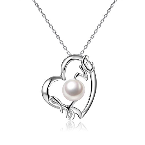 VIKI LYNN Damen Kette Herz Kette Perlenkette Sterling Silber 925 Perlen Halskette Perlenkette mit echte Suesswasser Perlen Herz Anhaenger Muttertag Geschenk