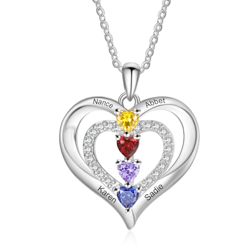 Gaosh Personalisierte Namenskette Damen Kette mit Gravur Herzkette mit Geburtssteinanhänger für Mama Oma Personalisierte Geschenke (Name 4)