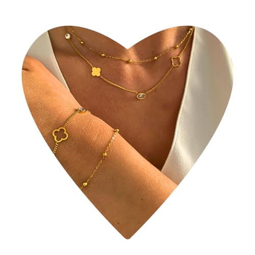 NataschaWoge® Kleeblatt doppelte minimalistischer Schmuck EDELSTAHL Gold Silber Kette Halskette Choker Geschenk für Sie Goldkette (Gold Halskette)
