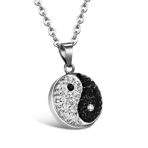 JewelryWe Schmuck Edelstahl Halskette, Strass Yin Yang Anhänger, Partneranhänger mit 55cm Kette für Damen Herren, Schwarz Silber