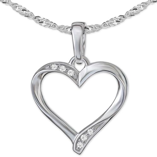 CLEVER SCHMUCK Set Silberner Damen Herz Anhänger 13 mm offen elegant schmal geschwungene Form mit 6 Zirkonia & Kette Singapur 45 cm Sterling Silber 925 im Etui rot Ich Liebe Dich