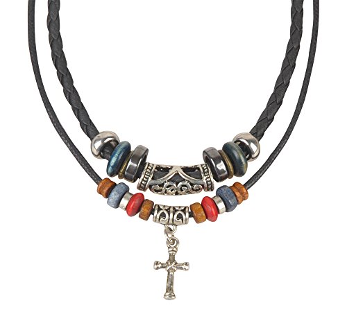 Ancient Tribe Choker-Halskette, ethnisches Hanf, Leder, Holzperlen, Schwarz, Kreuz-Anhänger, Holz, Holz