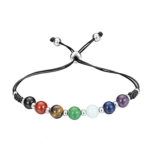 BVFRA Steinarmband,Vintage Boho Unisex 7 Chakra Naturperlen Verstellbarer Armreif 8Mm 7 Farbe Stein Mit Schwarzer Lederkette Armbänder Geburtstagsfeier Für Frauen Männer Freund Geschenk