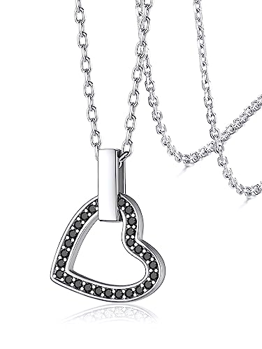 Silvora 925 Silber Damen Zirkonia Halskette Klassische Frauen Mädchen Kette mit Herzanhänger Schwarz Zirkonia Silberkette mit 41cm kette für Geburtstag Weihnachten Valentinstag