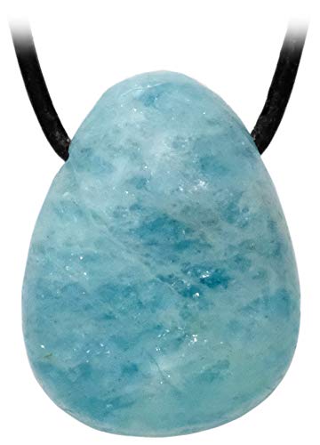 Kaltner Präsente Edelstein Halskette mit Anhänger/Aquamarin Blau Grün/Lederband mit gebohrtem Trommelstein Tropfen Anhänger/Hochwertiger Edelsteinanhänger/Edelsteinkette für Damen und Herren