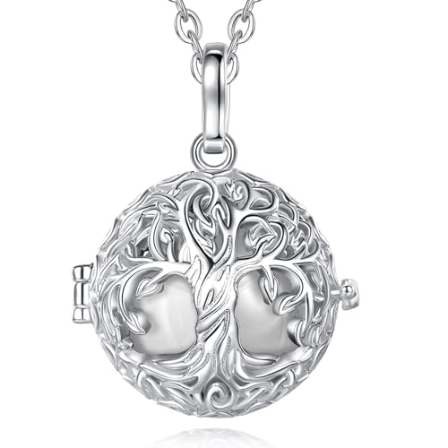 EUDORA Harmony Ball Bola Klangkugel Kette Schwangerschaft Schutzengel Anhänger für Damen, Baum des Lebens Engelsrufer Kette mit Anhänger Lebensbaum Schmuck Geschenke für Frauen, 114cm + 76cm