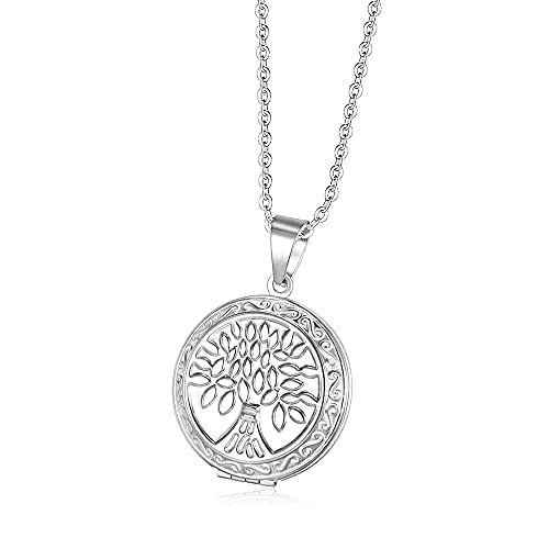 TOFBS Bilder Medaillon zum öffnen mit Kette Rund Blume Damen Herren Halskette Edelstahl Amulett Anhänger mit foto Schmuck (Silber*Lebensbaum)