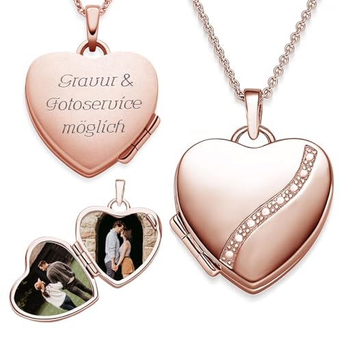 Herz Medaillon zum Öffnen für Bilder Rosegold | Kette Damen Medallion mit Bild | Foto Amulett Anhänger Herzmedallion | Halskette Herzkette mit Gravur