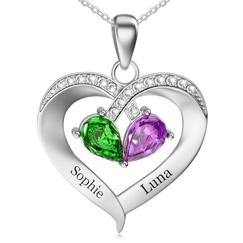 Easycosy Namenskette mit Gravur - personalisierte Kette mit 2 3 4 Namen Geburtssteinen Damen Herz Anhänger Halskette - liebevolle personalisierte Muttertaggeschenke für Mama, Oma zum Muttertag