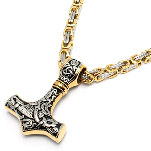 Thors Hammer Mjölnir silber & gold aus hochwertigem 316L Edelstahl mit Königskette Wikingerschmuck Herren Halskette Männer Geschenk nordischer Schmuck