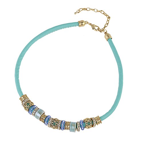 CHICNET Glitzer Brass Leder Kette golden türkis blau Perlenringe 41,5-49,5cm Karabiner Keramik