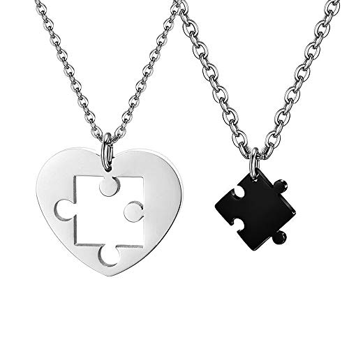 Fu You 2 Stücke Edelstahl Freundschaft Anhänger Kette für Liebe Herren Damen Verliebte Paare Anhänger Halskette Puzzle Anhänger Herz, Kette Paare Herz, Herz Kette Anhänger Paare Puzzle Silber Schwarz