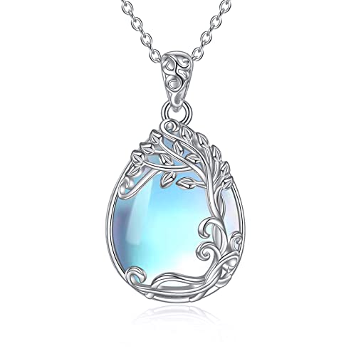 YAFEINI Mondstein Kette für Damen Baum des Lebens Anhänger Halskette 925 Sterling Silber Lebensbaum Halskette Schmuck Geschenke für Mädchen (B-Baum des Lebens Mondstein Kette)