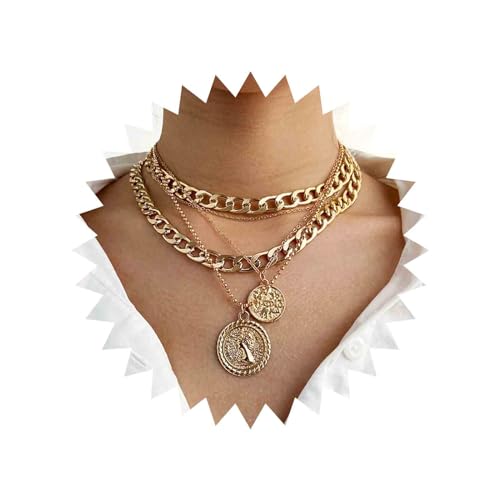 Yienate Boho Mehrschichtig Münze Halskette Jahrgang Gold Grob Verknüpfung Halskette mit kubanischem Kettenanhänger und Münzanhänger Rock Statement mehrlagige Münzhalskette Charm Schmuck für Frauen