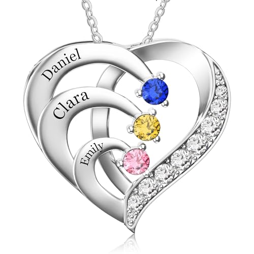 Easycosy Namenskette mit Gravur - personalisierte Kette mit 2 3 4 Namen Geburtssteinen Damen Herz Anhänger Halskette - liebevolle personalisierte Muttertaggeschenke für Mama, Oma zum Muttertag