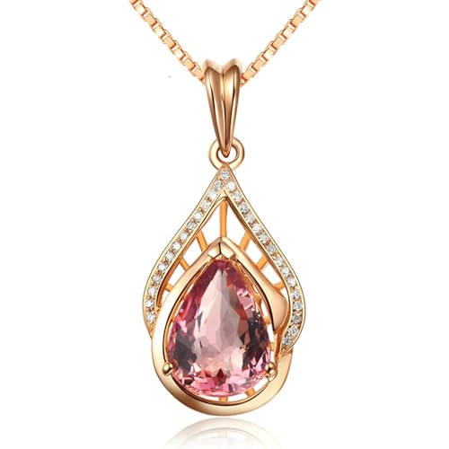 Bishilin Kette Rotgold Damen 585 Echtgold mit Anhänger, Halskette Tropfen mit 2ct Turmalin und 0.07ct Diamant Kette 45CM Rosegold für Frauen