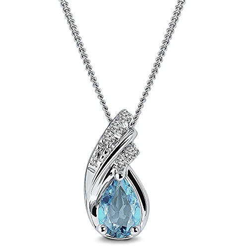 MIORE Kette Damen mit 0.03 Ct Diamanten & 0.55 Ct Topas in Blau aus 9 Karat Weißgold (375) – filigrane Halskette aus 925 Sterling Silber mit Edelstein Anhänger –Schmuckbox zum Verschenken (45 cm)