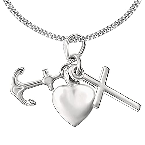 CLEVER SCHMUCK Glaube Liebe Hoffnung Halskette Anhänger 3-teilig Silberkreuz Herz Anker mit Kette 45 cm Sterlig Silber 925 im Schmucketui