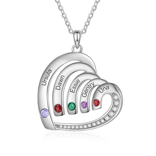 lorajewel Personalisierte Herz Halskette für Damen Silber Kette mit Namen und Geburtsstein Geschenk für die Mutter zum Muttertag Weihnachten Valentinstag (5 name)