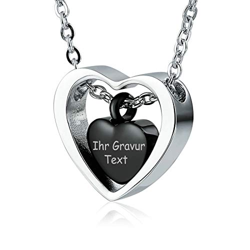Beydodo Asche Kette zum Befüllen, Halskette mit Gravur Damen Edelstahl Doppelte Herzen Asche Anhänger Schwarz Urnen Kette 60CM für Asche