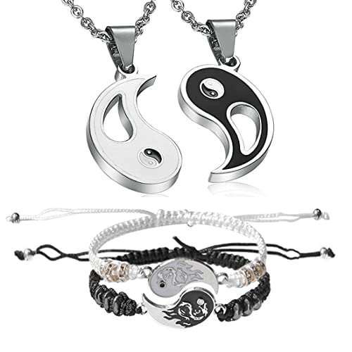 YATEICBC 4 x Yin Yang Halskette Armband Set für Paare BFF Passendes Armband Verstellbares Seil Puzzle Anhänger Halskette Kette für Best Friend Beaded Lanyard Armband Passende Halskette.