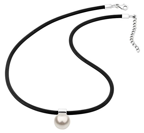 Nenalina Damen Halskette aus Kautschuk schwarz mit Perlen Anhänger, Damen-Kette Kautschukband mit 925 Sterling Silber Verschluss, Länge 42 cm, KAS-344